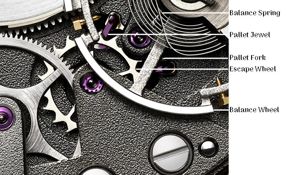 Escape wheel and pallet fork of a Breguet watch