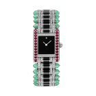 HPI01595 Tank jewelry watch | Large model, quartz movement, white gold, diamonds, rubies, chrysoprase, onyx