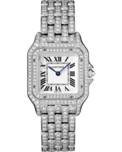 HPI01722 Panthère de Cartier l Small model, quartz movement. Rhodiumized white gold, diamonds
