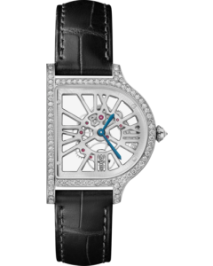 HPI01436 Cloche de Cartier skeleton l Large model, hand-wound mechanical movement, platinum, diamonds, leather