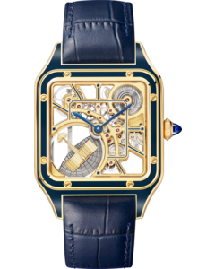 WHSA0031 Santos Dumont Skeleton Watch with micro-rotor l Large model, automatic mechanical skeleton movement, yellow gold, leather