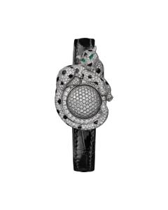 Panthère Jewelry | Small model, quartz movement, white gold, diamonds, leather