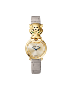 La Panthère de Cartier | Small model, quartz movement, yellow gold, diamonds, tsavorites, lacquer, leather