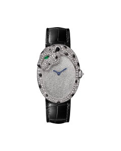 Panthère Jewelry | Large model, automatic movement, white gold, diamonds, emerald, lacquer