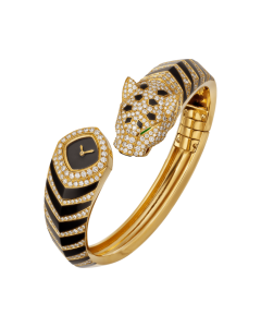 Panthère Jewelry | Small model, quartz movement, yellow gold, diamonds, emeralds, lacquer
