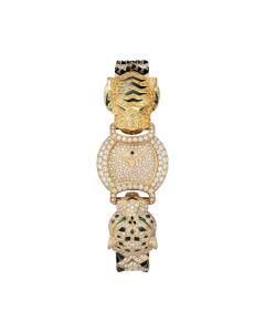 Indomptables de Cartier | 22.2 mm, quartz movement, yellow gold, diamonds, sapphires, emeralds, spessartite garnets, onyx, metal strap