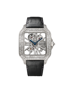 HPI01500 Santos de Cartier watch l Large model, hand-wound mechanical skeleton movement, white gold, diamonds, leather