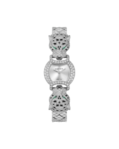 La Panthère de Cartier | 22.2 mm, quartz movement, rhodiumized white gold, diamonds, emeralds, metal strap