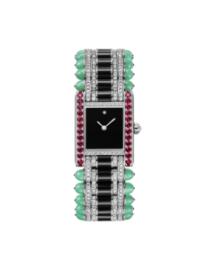 HPI01595 Tank jewelry watch | Large model, quartz movement, white gold, diamonds, rubies, chrysoprase, onyx