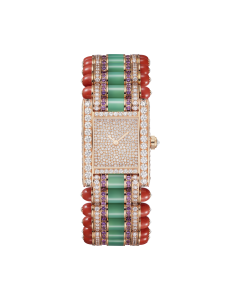 HPI01596 Tank jewelry watch | Large model, quartz movement, rose gold, diamonds, amethysts, chrysoprase, coral