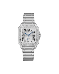 W4SA0005 Santos de Cartier | Medium model, automatic, steel, diamonds, interchangeable metal and leather bracelets