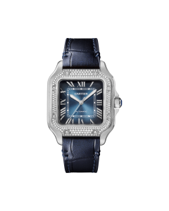 W4SA0006 Santos de Cartier | Medium model, automatic movement, steel, diamonds, blue dial, interchangeable metal and leather bracelets
