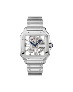 WHSA0014 Santos de Cartier Skeleton | Large model, hand-wound mechanical movement, steel, interchangeable metal and leather bracelets