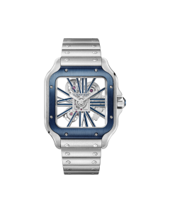WHSA0026 Santos de Cartier skeleton watch l Large model, hand-wound mechanical movement, steel, interchangeable metal and rubber bracelets