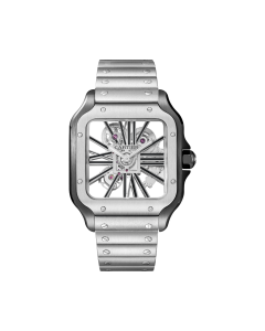 WHSA0027 Santos de Cartier skeleton watch l Large model, hand-wound mechanical movement, steel, interchangeable metal and leather bracelets