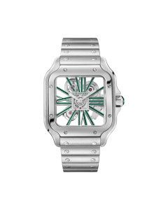 WHSA0028 Santos de Cartier skeleton watch l Large model, hand-wound mechanical movement, steel, interchangeable metal and leather bracelets