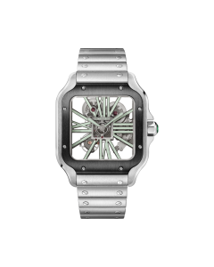 WHSA0033 Santos de Cartier skeleton watch l Large model, hand-wound mechanical movement, steel, interchangeable metal and rubber bracelets