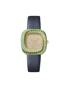 WJCS0009 Coussin de Cartier | Medium model, quartz movement, yellow gold, diamonds, tourmalines, tsavorites, leather