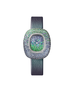 WJCS0012 Coussin de Cartier | Medium model, quartz movement, rhodiumized white gold, diamonds, sapphires, tsavorites, emeralds, tourmalines, leather