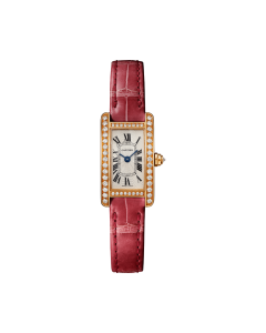 Tank Américaine | Mini model, quartz movement, rose gold, diamonds, leather
