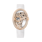 Panthère Jewelry | Large model, hand-wound mechanical movement, rose gold, diamonds, leather