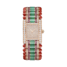 HPI01596 Tank jewelry watch | Large model, quartz movement, rose gold, diamonds, amethysts, chrysoprase, coral