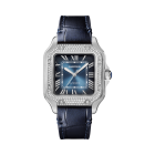 W4SA0006 Santos de Cartier | Medium model, automatic movement, steel, diamonds, blue dial, interchangeable metal and leather bracelets