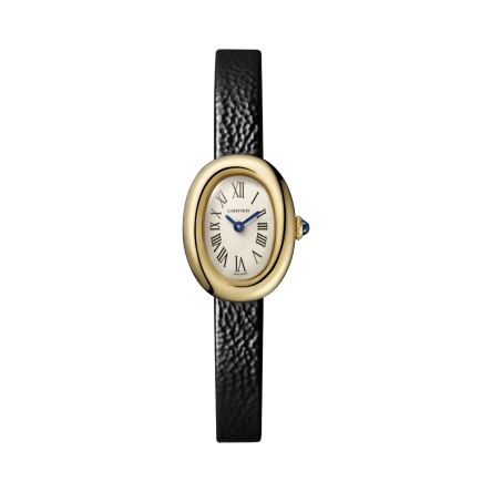 Cartier Baignoire Ref. WGBA0017 mini model with a black varnished calfskin strap.