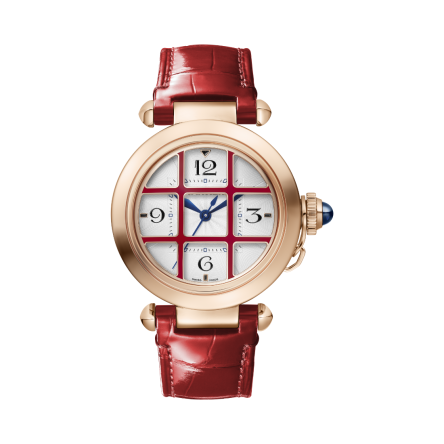 Pasha de Cartier Ref. WGPA0028 watch in 18K rose gold with silvered flinqué dial and blued-steel diamond-shaped hands, featuring red alligator skin strap.