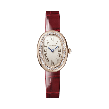 Cartier Baignoire Ref. WJBA0031 showcasing 18K rose gold case with a varnished red alligator-skin strap.