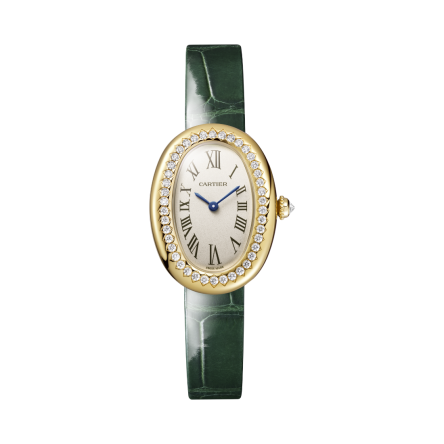 Cartier Baignoire Ref. WJBA0038 showcasing 18K yellow gold case with a varnished green alligator-skin strap