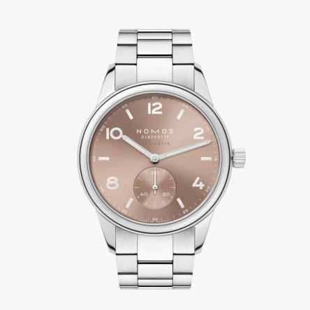 NOMOS Club Sport Neomatik 39 Ember Ref. 761 with galvanized ember sunburst dial, luminous indexes, and a polished silver stainless steel bracelet.