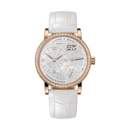 LITTLE LANGE 1 MOONPHASE With Pink Gold, Diamond Bezel Case And White, Alligator Leather Strap