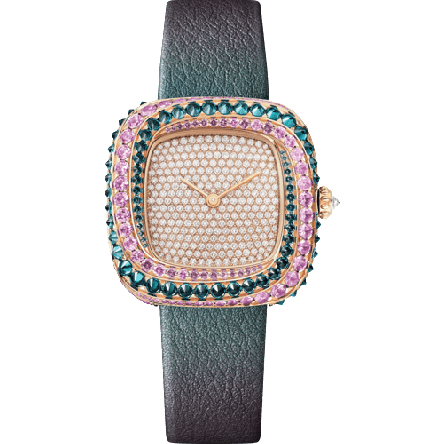 Cartier Coussin de Cartier Ref. WJCS0014 in rose gold with diamond-set case, pink sapphires, tourmalines, and a purple calfskin strap.
