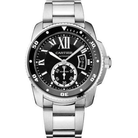Cartier Calibre de Cartier Diver W7100057 men’s watch featuring a stainless steel case, black dial with Roman numerals, automatic movement, and steel bracelet.