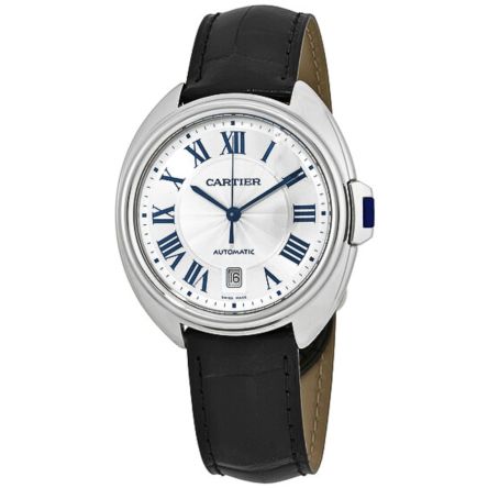 Cartier Clé de Cartier Ref. WSCL0018 showing 40mm stainless steel case, flinqué sunray silver dial, and black leather strap.