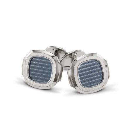 Patek Philippe Ref. 205.9057G-015 Nautilus cufflinks crafted from 18-carat white gold with a blue-gray opaline center and satin-finished border. 