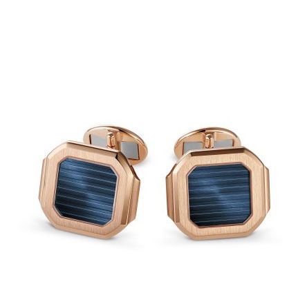 Patek Philippe 205.9821R-001 cufflinks in 18-carat rose gold, featuring a sunburst blue center with a horizontally embossed pattern. 