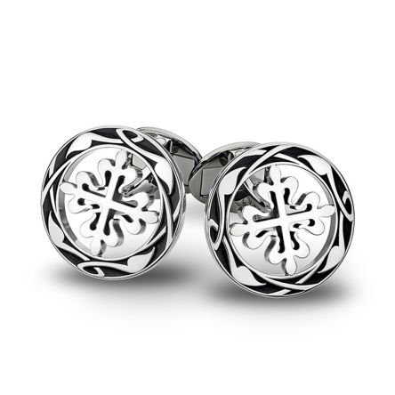 Patek Philippe Ref. 205.9088/100G-001 Calatrava Cross Cufflinks in 18K white gold, featuring an engraved and enameled Calatrava Cross motif.