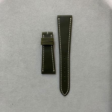 Vintage olive green matte calf strap with white stitching, deployment clasp, regular length