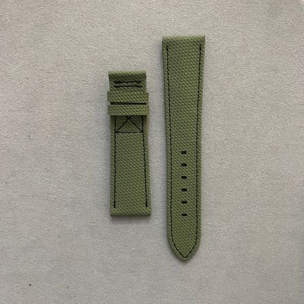 Khaki green composite strap with fabric texture, black stitching, pin buckle, Pilot style, regular length