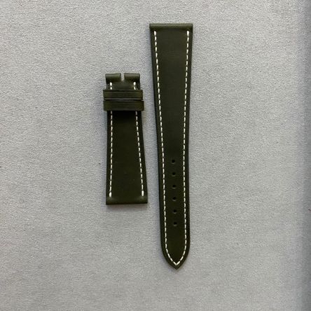 Vintage olive green matte calf leather strap with white stitching, deployment clasp, regular length