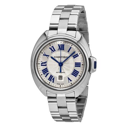 Clé de Cartier WSCL0005 automatic watch with sunray silver dial, blued sword-shaped hands, Roman numeral hour markers, and stainless steel case.