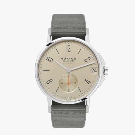 NOMOS Ahoi Neomatik 38 Date Sand automatic watch with sand dial and grey textile strap.