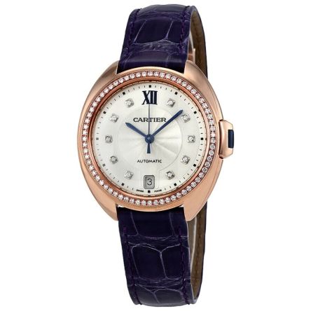 Cartier Clé de Cartier WJCL0039 with 18K rose gold round case, Roman numeral dial, and elegant leather strap.