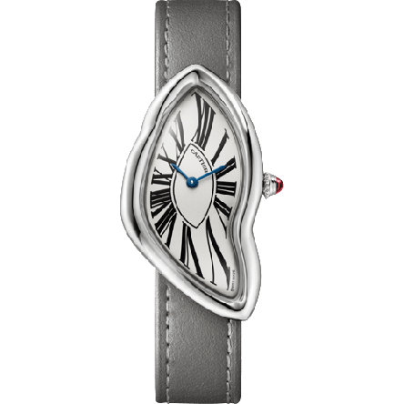 Cartier Crash Ref. WGCH0050 with sculptural platinum case and silvered dial with grey calfskin strap.
