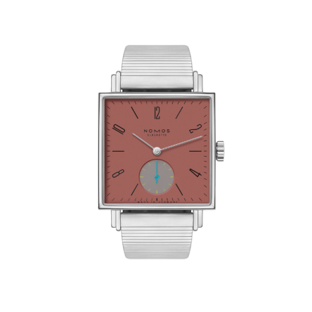 Nomos Tetra Terra Ref. 438.SB front view with stainless-steel bracelet option and terracotta dial