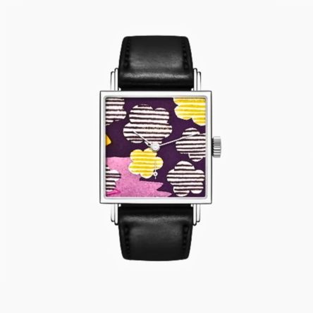 Nomos Glashütte Tetra 27 Twice Unique 1966 Ref. 402.U2 with multi-color artistic dial and black leather strap.