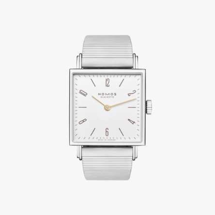 Nomos Tetra 27 Duo Ref. 405 with white silver-plated square dial, gold hands, and bracelet strap.