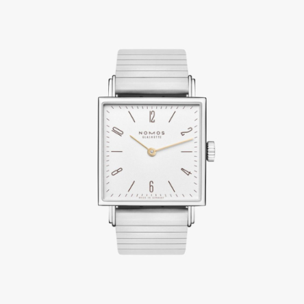 Nomos Tetra 27 Duo Ref. 405 with square stainless steel case, galvanized white and silver-plated dial, and gold hands on a bracelet sport strap.